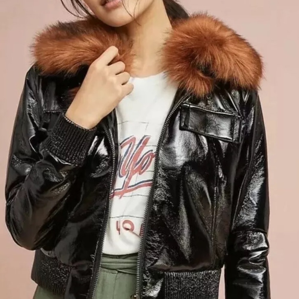 ANTHROPOLOGIE Faux Leather Jacket Fur Collar Blk